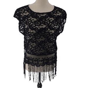 Chelsea & Violet Romantic Whimsical Sheer Fringe Black Lace Top - New w/Tags - S